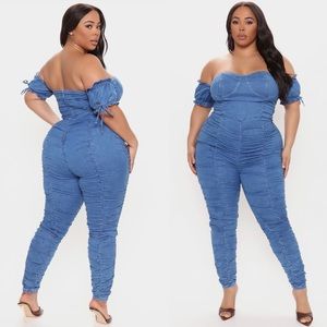 Fashion nova denim ruched jumpsuit 2x